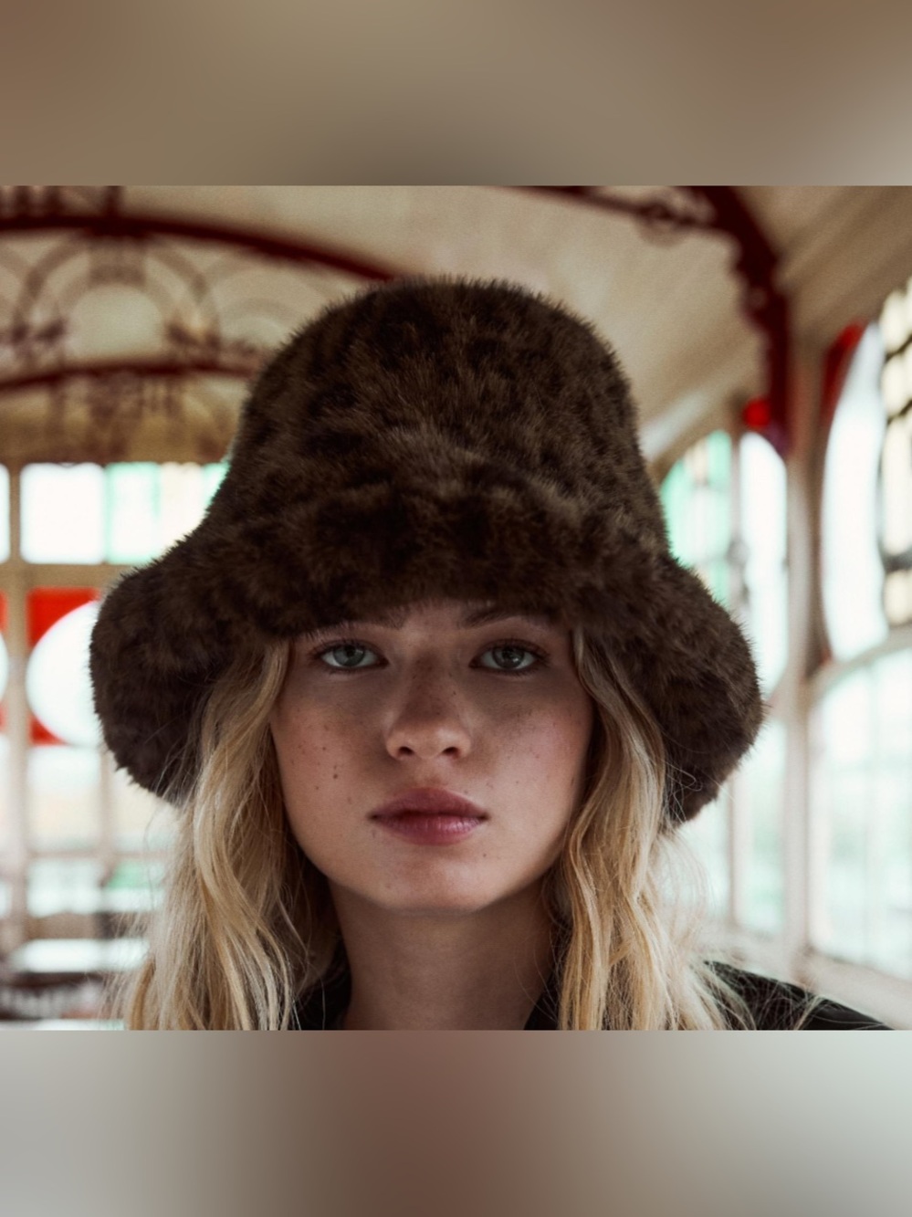 Animal Print Faux Fur Bucket Hat Dark Brown Leopard